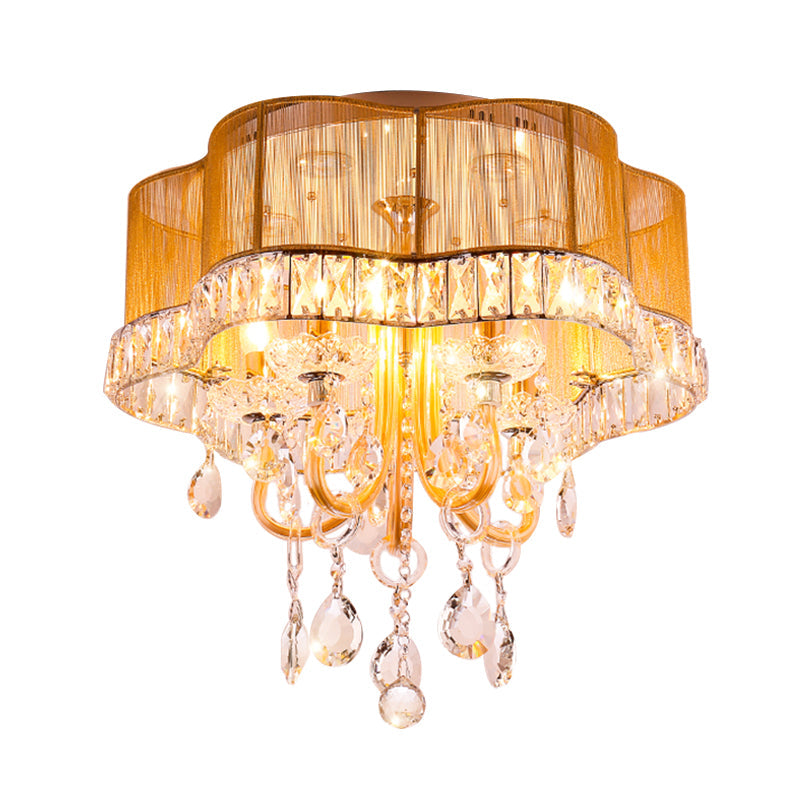 Modern Gold/Red LED Floral Bedroom Ceiling Light with Crystal Accent