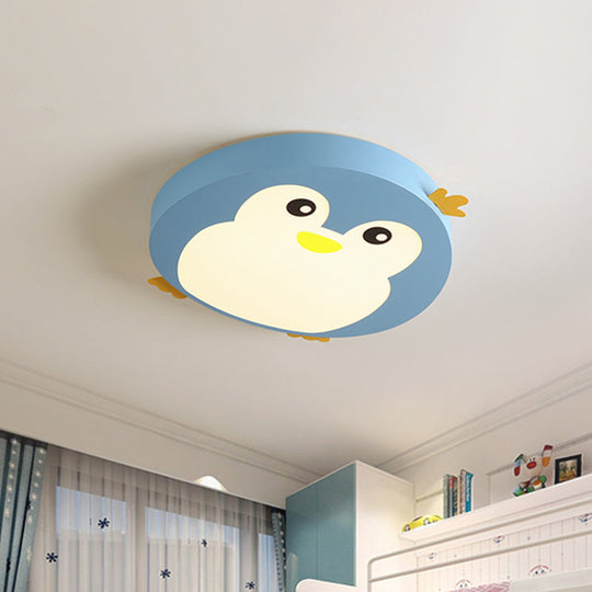 Cartoon Penguin LED Ceiling Light Fixture in Blue/Pink - Flush Mount for Kids' Bedrooms