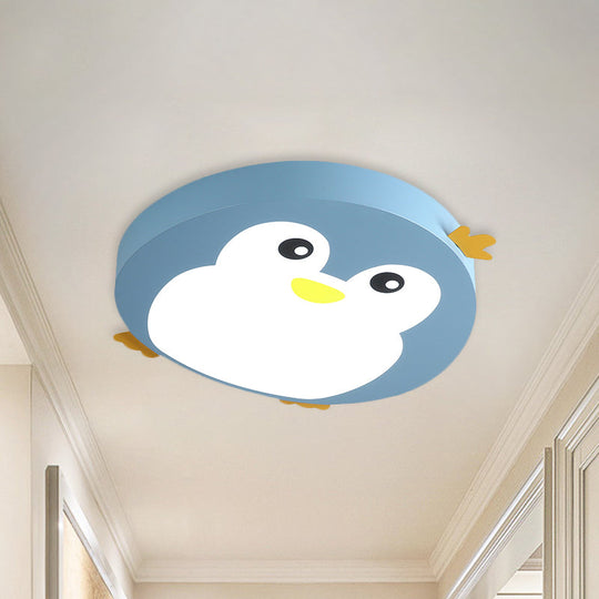 Cartoon Penguin LED Ceiling Light Fixture in Blue/Pink - Flush Mount for Kids' Bedrooms