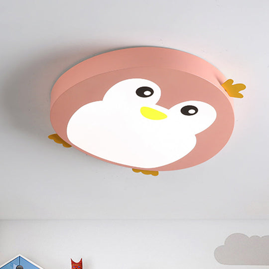 Cartoon Penguin LED Ceiling Light Fixture in Blue/Pink - Flush Mount for Kids' Bedrooms