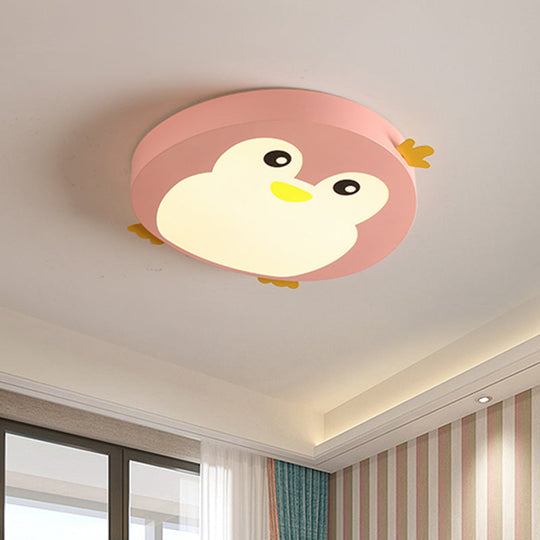 Cartoon Penguin LED Ceiling Light Fixture in Blue/Pink - Flush Mount for Kids' Bedrooms