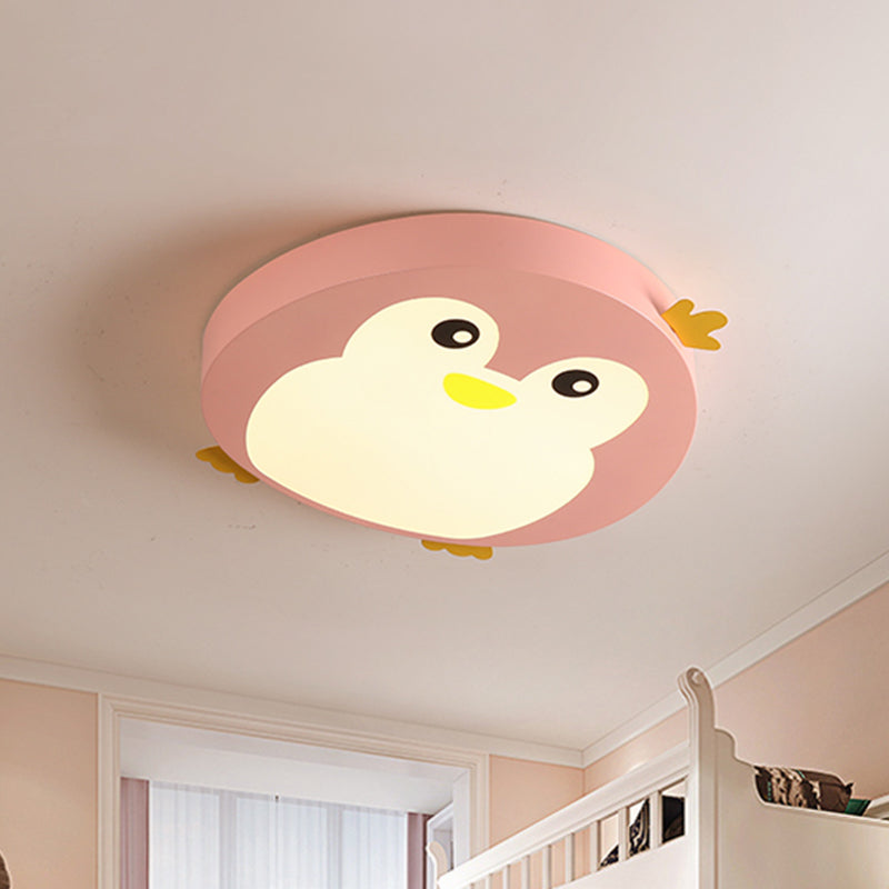 Cartoon Penguin LED Ceiling Light Fixture in Blue/Pink - Flush Mount for Kids' Bedrooms