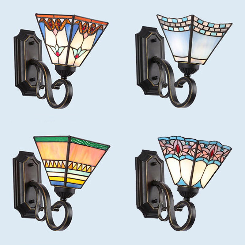 Tiffany Style Mission Stained Glass Wall Sconce In Pink/Brown/Orange-Yellow/Light Blue - Geometric