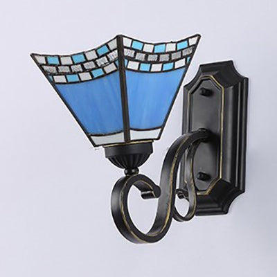 Tiffany Style Mission Stained Glass Wall Sconce In Pink/Brown/Orange-Yellow/Light Blue - Geometric