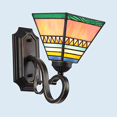 Tiffany Style Mission Stained Glass Wall Sconce In Pink/Brown/Orange-Yellow/Light Blue - Geometric