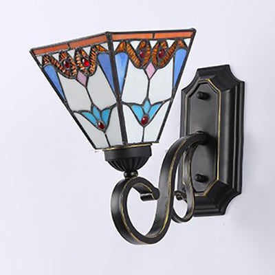 Tiffany Style Mission Stained Glass Wall Sconce In Pink/Brown/Orange-Yellow/Light Blue - Geometric