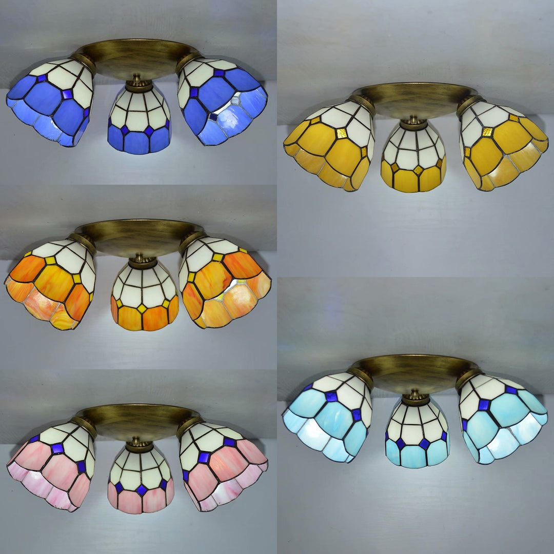 Tiffany Dome Stained Glass Ceiling Fixture with 3 Lights - Flush Mount Light in Colorful Hues, Perfect for Dining Room