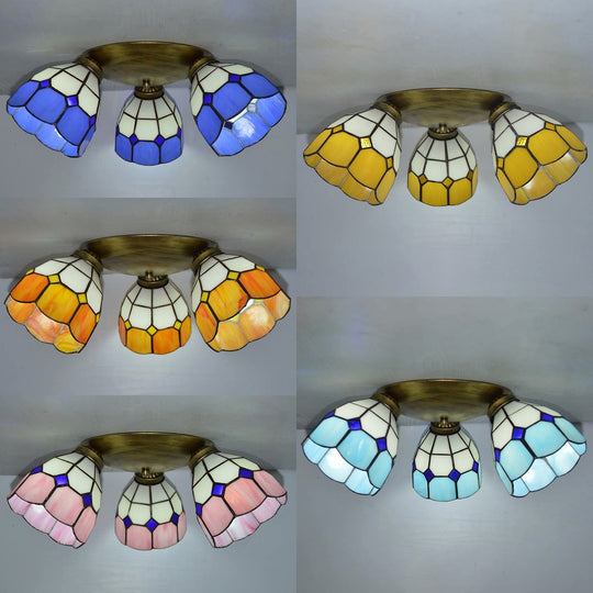 Tiffany Dome Stained Glass Ceiling Light - 3 Lights Flush Mount In Pink/Yellow/Orange/Sky Blue/Dark