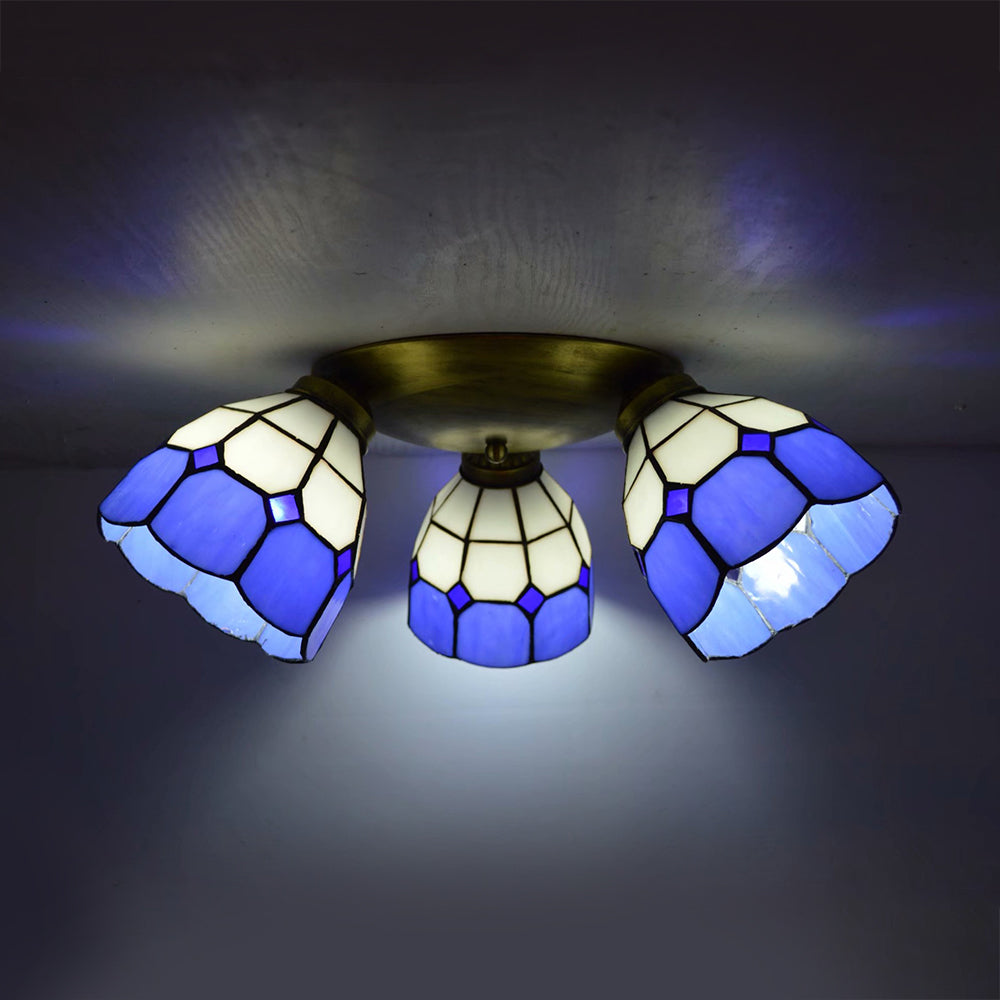 Tiffany Dome Stained Glass Ceiling Fixture with 3 Lights - Flush Mount Light in Colorful Hues, Perfect for Dining Room