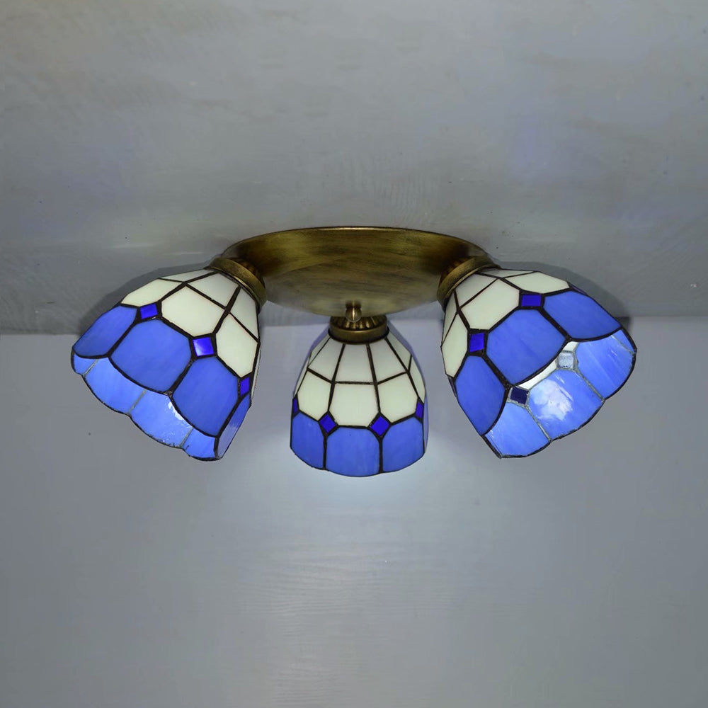 Tiffany Dome Stained Glass Ceiling Fixture with 3 Lights - Flush Mount Light in Colorful Hues, Perfect for Dining Room