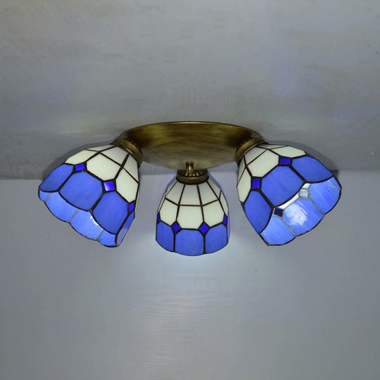 Tiffany Dome Stained Glass Ceiling Fixture with 3 Lights - Flush Mount Light in Colorful Hues, Perfect for Dining Room