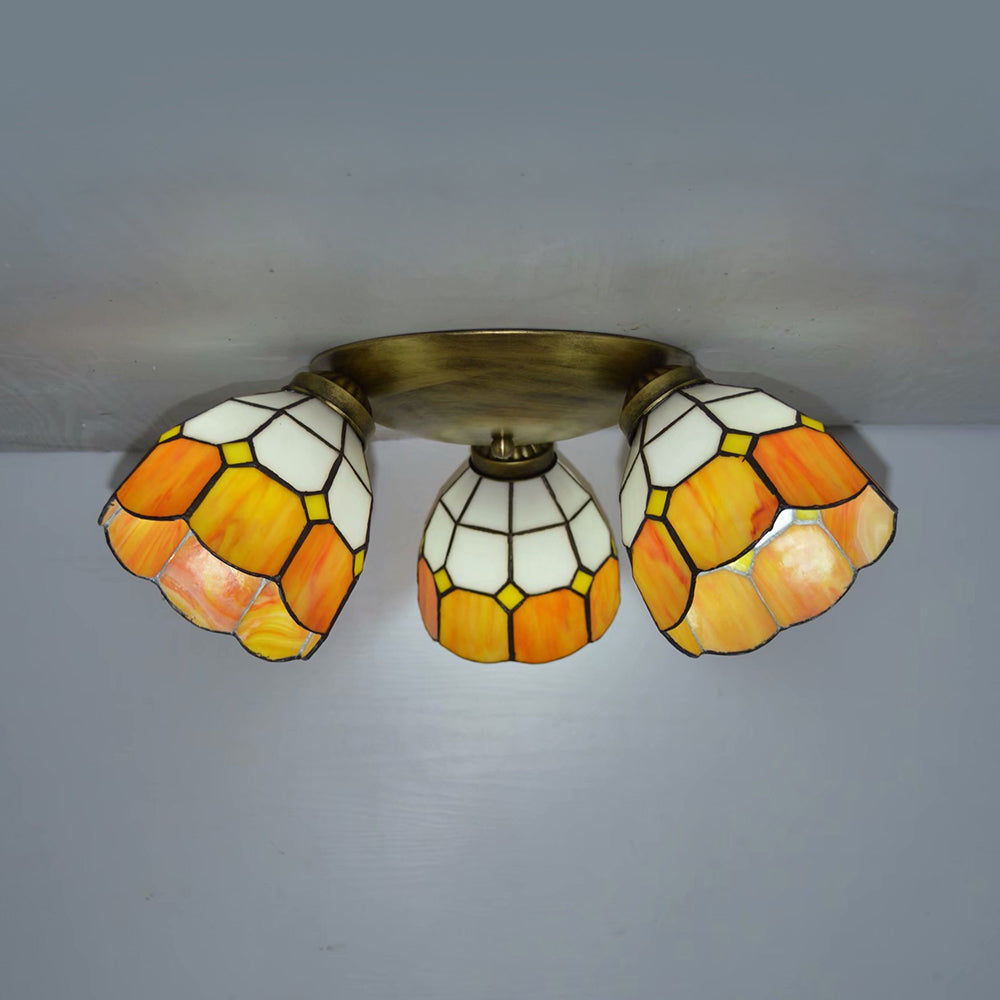 Tiffany Dome Stained Glass Ceiling Fixture with 3 Lights - Flush Mount Light in Colorful Hues, Perfect for Dining Room