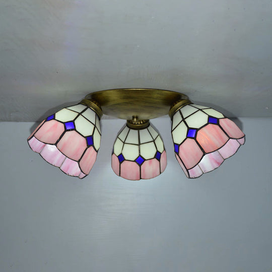 Tiffany Dome Stained Glass Ceiling Light - 3 Lights Flush Mount In Pink/Yellow/Orange/Sky Blue/Dark