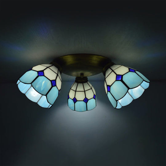 Tiffany Dome Stained Glass Ceiling Fixture with 3 Lights - Flush Mount Light in Colorful Hues, Perfect for Dining Room