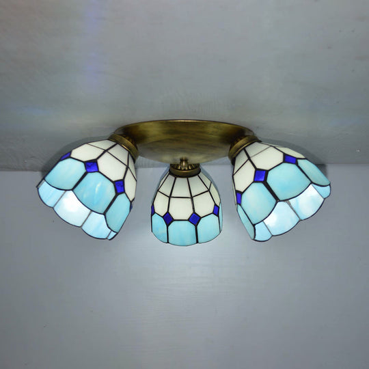 Tiffany Dome Stained Glass Ceiling Fixture with 3 Lights - Flush Mount Light in Colorful Hues, Perfect for Dining Room