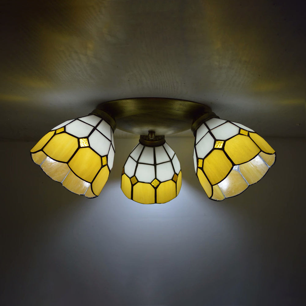 Tiffany Dome Stained Glass Ceiling Light - 3 Lights Flush Mount In Pink/Yellow/Orange/Sky Blue/Dark