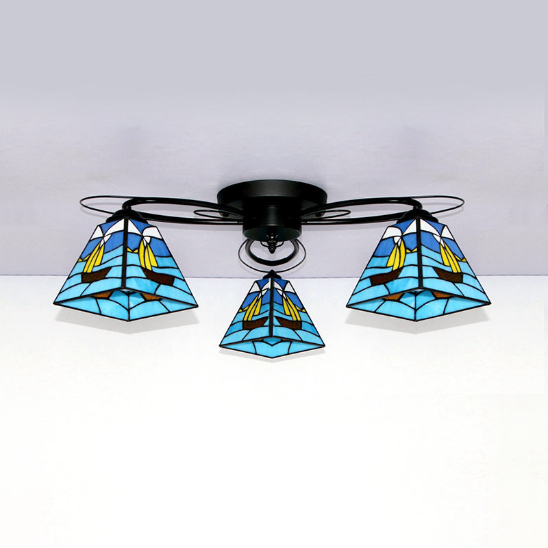 Retro Geometric Flushmount Ceiling Light with Stained Glass - White/Sky Blue/Clear/Dark Blue - Bedroom Fixture