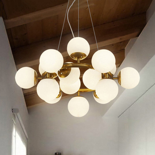 Modernist Gold Sphere Chandelier - 15-Light White Glass Pendant Light