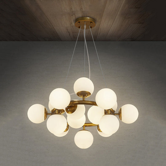 Modernist Gold Sphere Chandelier - 15-Light White Glass Pendant Light