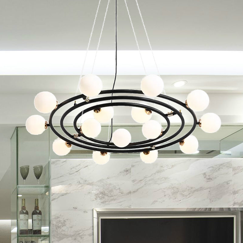 Contemporary Black Round Suspension Chandelier With Opal Glass Shade - 15 Lights