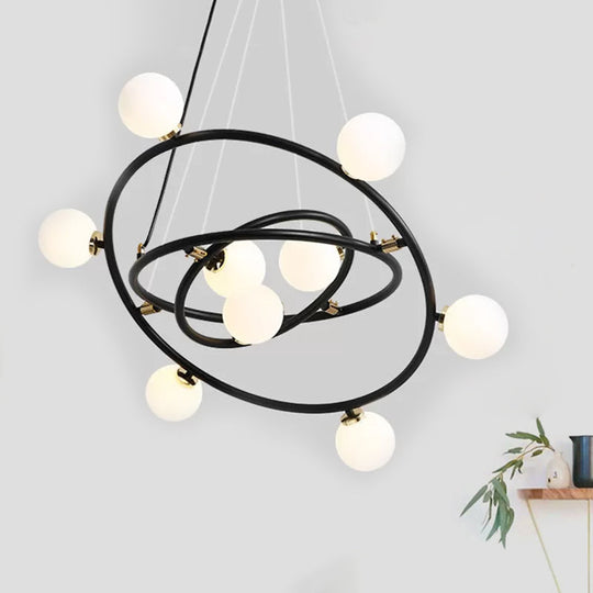 Contemporary Black Round Suspension Chandelier With Opal Glass Shade - 15 Lights