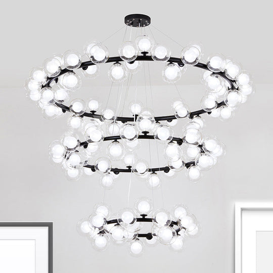 Contemporary Clear Glass Bubble Chandelier Light - Black Finish 2/3 Tiers Metal Ring Hanging Lamp