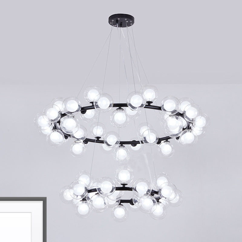 Contemporary Clear Glass Bubble Chandelier Light - Black Finish 2/3 Tiers Metal Ring Hanging Lamp