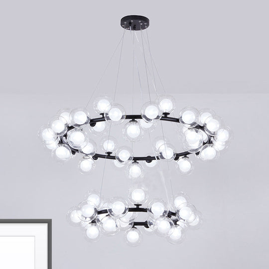 Contemporary Clear Glass Bubble Chandelier Light - Black Finish 2/3 Tiers Metal Ring Hanging Lamp