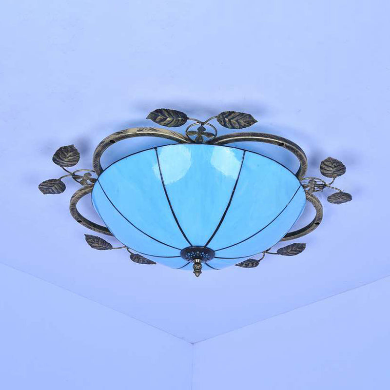 Retro Style Stained Glass Ceiling Light Fixture - Bowl-Shaped - 3 Bulbs - Flushmount - White/Blue/Clear/Green/More