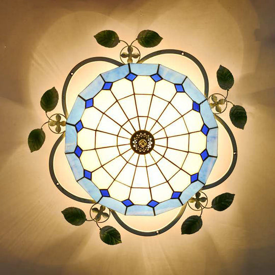 Blue Stained Glass Flushmount Ceiling Light with Leaf Accents