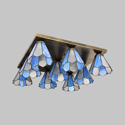 Retro 9-Head Stained Glass Flush Mount Ceiling Light - Tiffany-Style