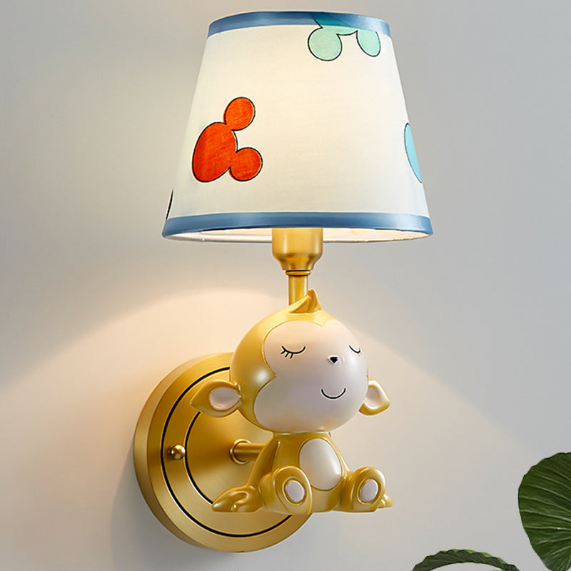 Adorable Cartoon Monkey Wall Lamp With Brass Fixture & Fabric Shade