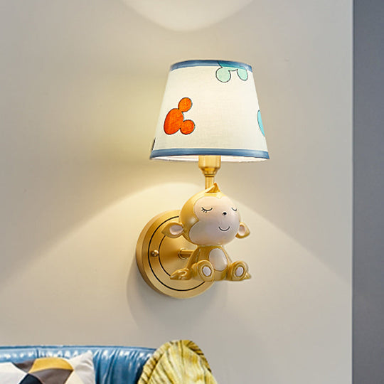 Adorable Cartoon Monkey Wall Lamp With Brass Fixture & Fabric Shade