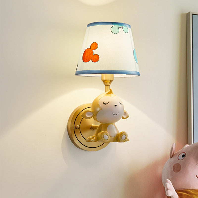 Adorable Cartoon Monkey Wall Lamp With Brass Fixture & Fabric Shade