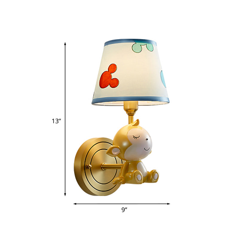 Adorable Cartoon Monkey Wall Lamp With Brass Fixture & Fabric Shade