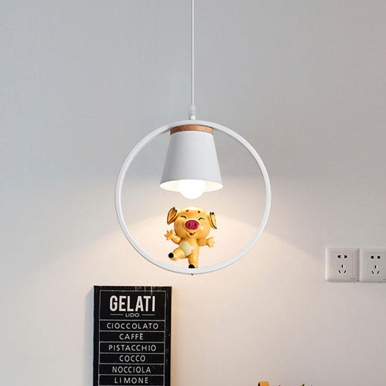 Yellow Cartoon Pig Resin Pendant Light With White Ring - 1-Light Suspension Lamp