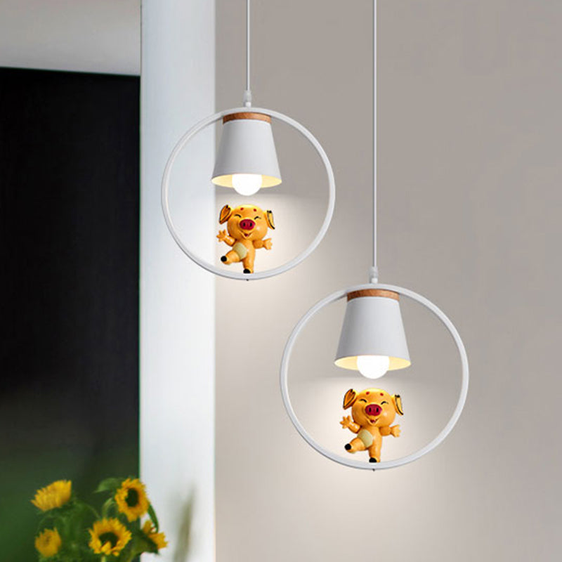 Yellow Cartoon Pig Resin Pendant Light With White Ring - 1-Light Suspension Lamp