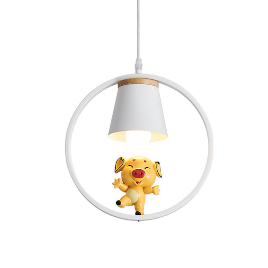 Yellow Cartoon Pig Resin Pendant Light With White Ring - 1-Light Suspension Lamp