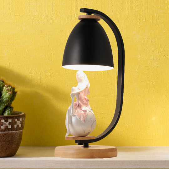 Nordic Style 1-Bulb Metallic Desk Lamp With Bell Shade White/Black Finish And Girl Decor