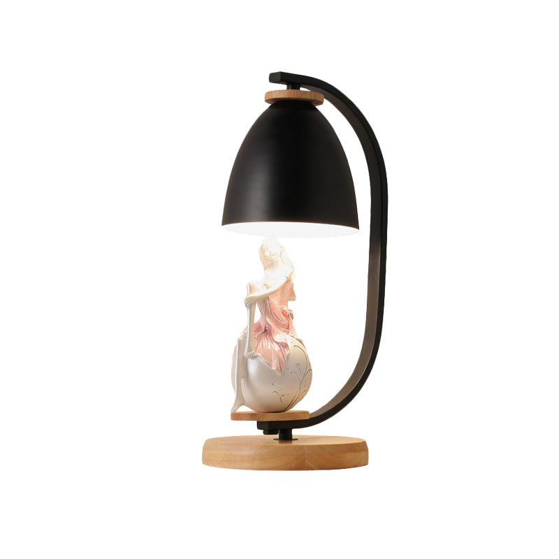 Nordic Style 1-Bulb Metallic Desk Lamp With Bell Shade White/Black Finish And Girl Decor