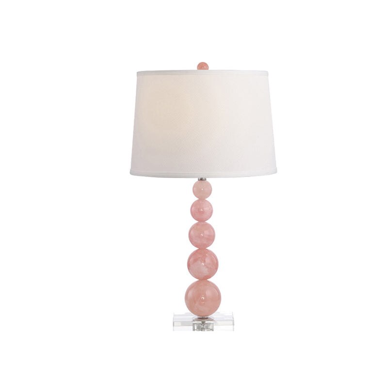 Modernist Fabric Barrel Shade Nightstand Lamp: Single White Table Light With Pink Glass Orb Stand