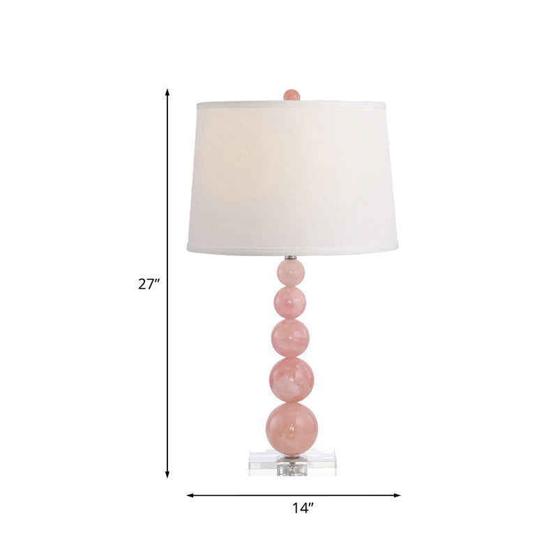 Modernist Fabric Barrel Shade Nightstand Lamp: Single White Table Light With Pink Glass Orb Stand