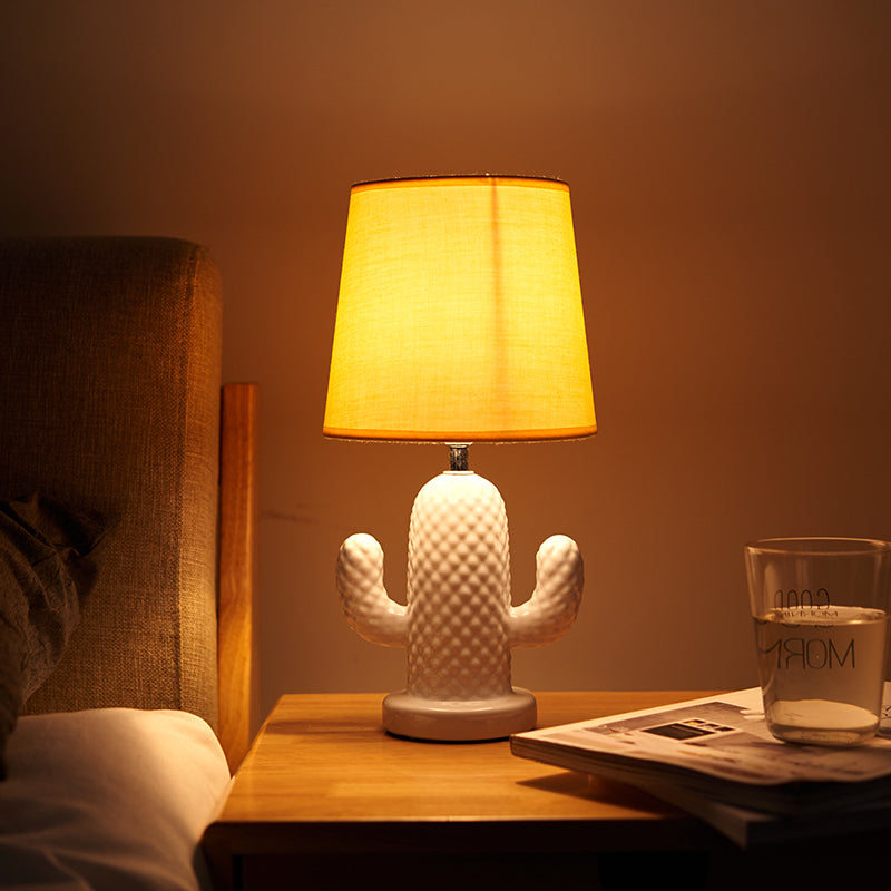 Nordic Style Ceramic Cactus Table Lamp - Single Head White Desk Lighting With Yellow Fabric Shade