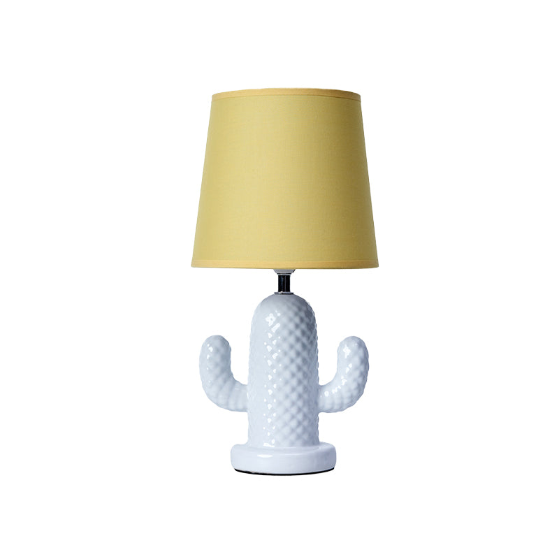 Nordic Style Ceramic Cactus Table Lamp - Single Head White Desk Lighting With Yellow Fabric Shade