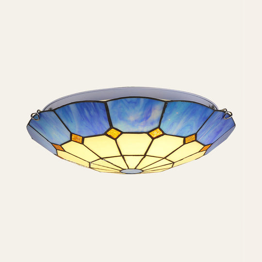 Tiffany Stained Glass Ceiling Light with 3 Bulbs - Blue Bowl Shape for Dining Room