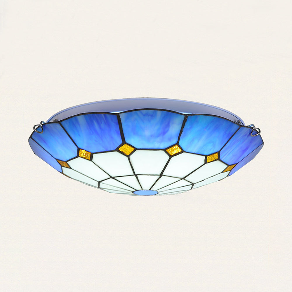 Tiffany Stained Glass Ceiling Light with 3 Bulbs - Blue Bowl Shape for Dining Room