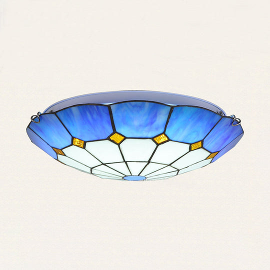 Tiffany Stained Glass Ceiling Light with 3 Bulbs - Blue Bowl Shape for Dining Room