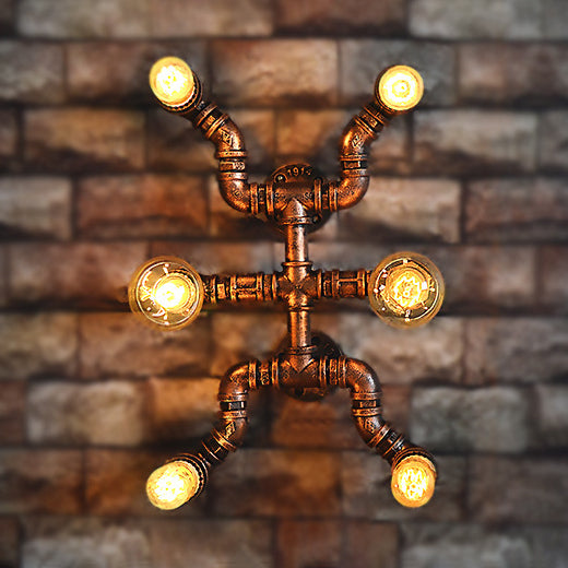 Rustic Industrial Bronze Wrought Iron Wall Lamp - 6 Bulbs Water Pipe Sconce Lighting For Restaurants