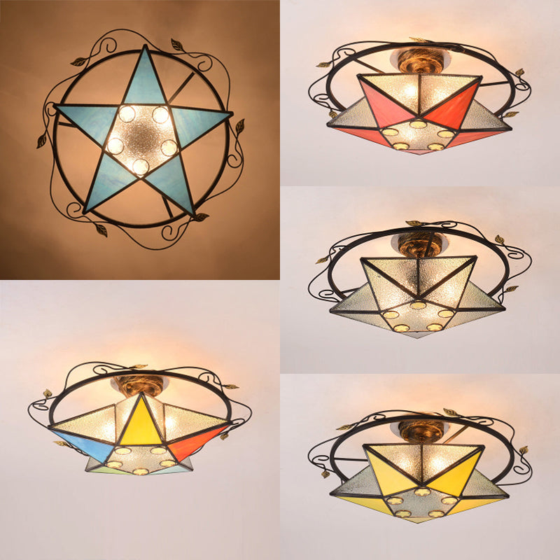 Tiffany Vintage Stained Glass 5 Pointed Star Ceiling Light - Semi Flush Mount in Multi-Color