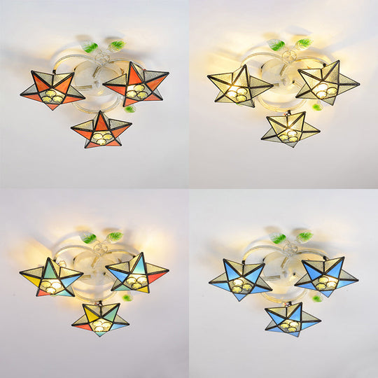 Modern Tiffany Stained Glass Flush Mount Ceiling Light with 3 Star-Shaped Heads in Vibrant Multicolor